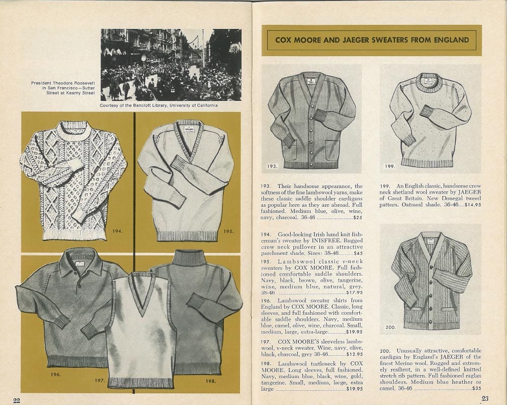 Cox Moore and Jaeger sweaters from England, a 1970 catalog spread