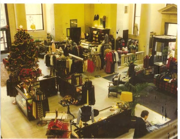 Cable Car Clothiers sales floor decorated for the holidays, from the store archive
